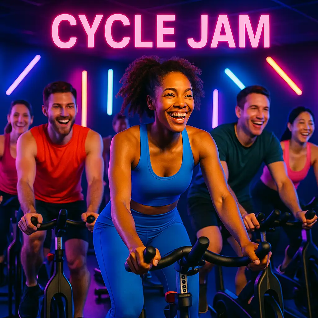 Group of people having fun in a cycling class.
