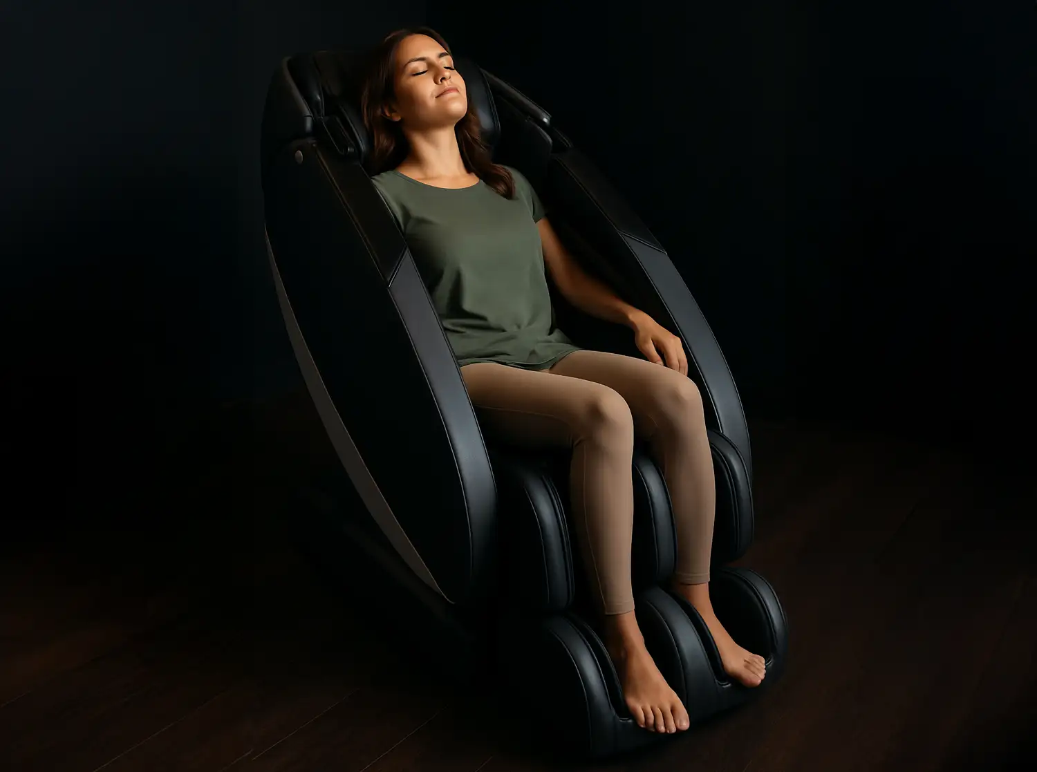 Woman relaxing in a Human Touch massage chair.